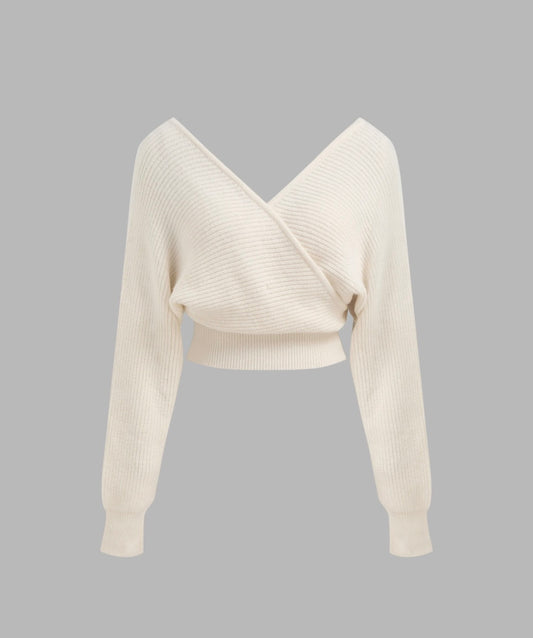 Knit V-Neck Solid Wrap Crop Long Sleeve Top