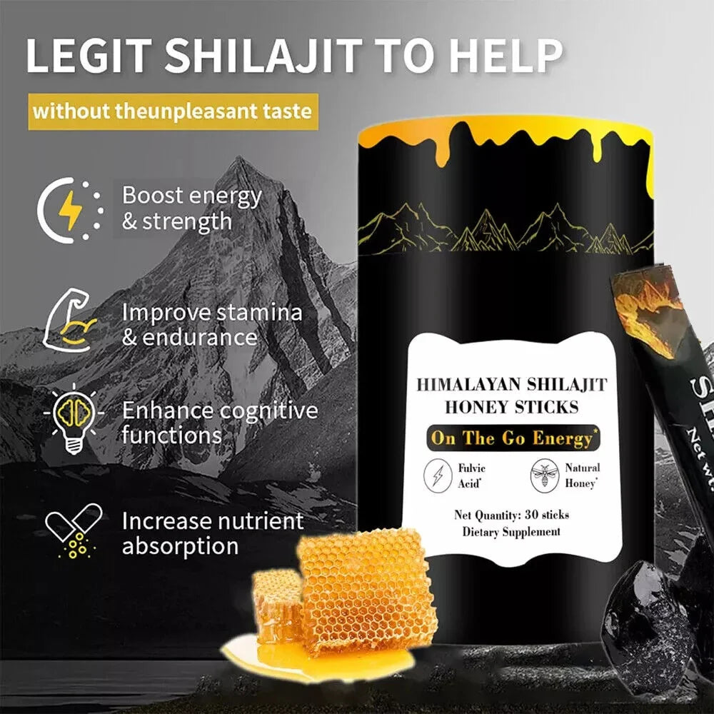 Shilajit Honey Sticks - 30 Himalayan Shilajit Honey Sticks for Energy, Strength and Cognitive Support for Men and Women