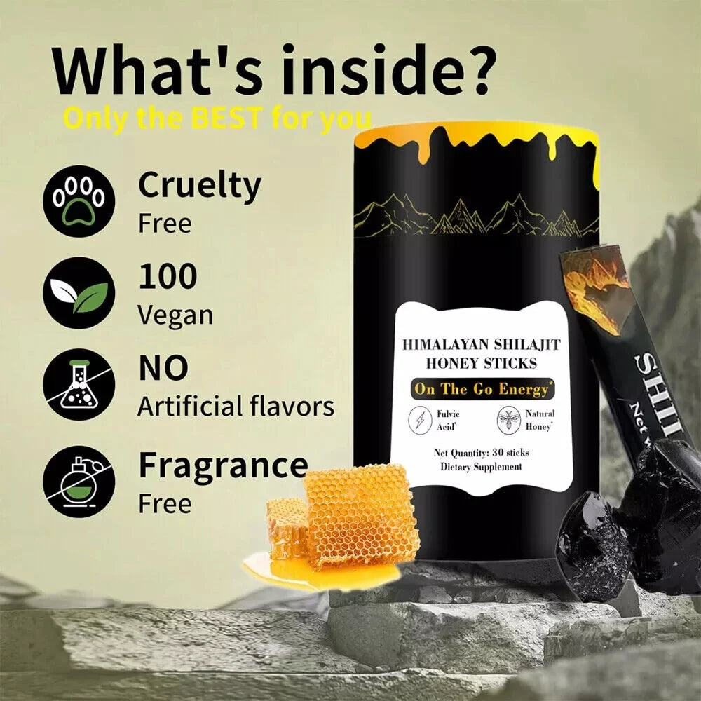 Shilajit Honey Sticks - 30 Himalayan Shilajit Honey Sticks for Energy, Strength and Cognitive Support for Men and Women